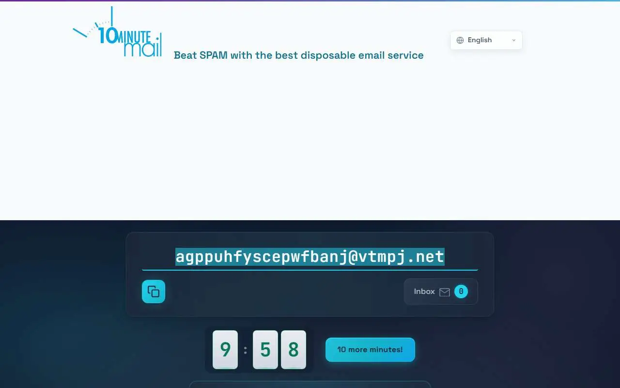 Tampilan website resmi 10 Minute Mail (10minutemail.com)