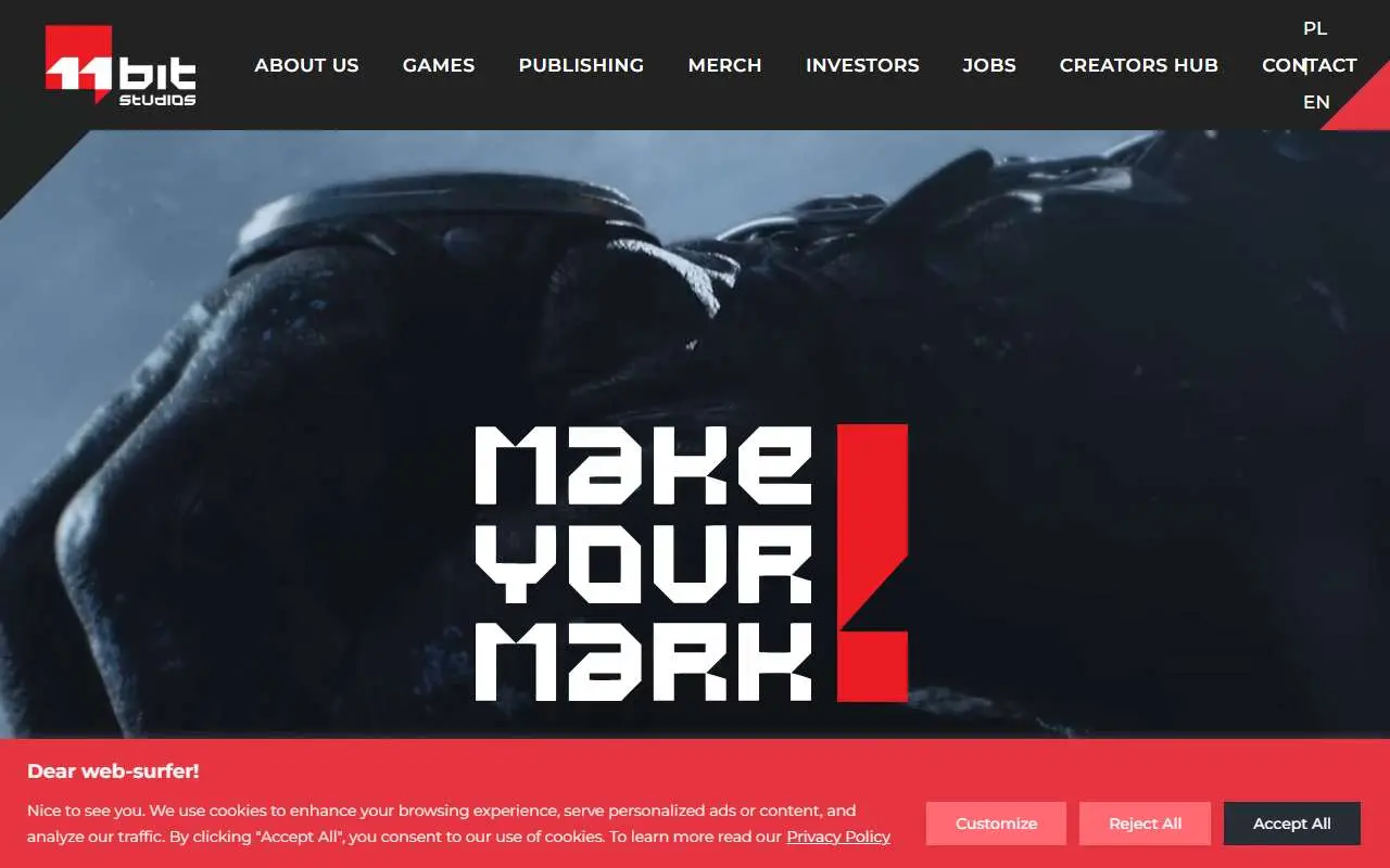 Tampilan website resmi 11 Bit Studios (11bitstudios.com)