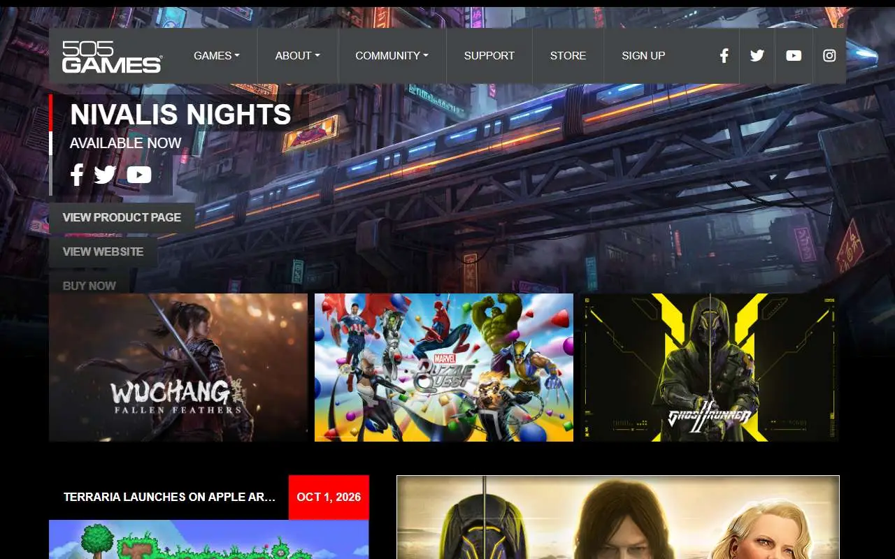 Tampilan website resmi 505 Games (505games.com)