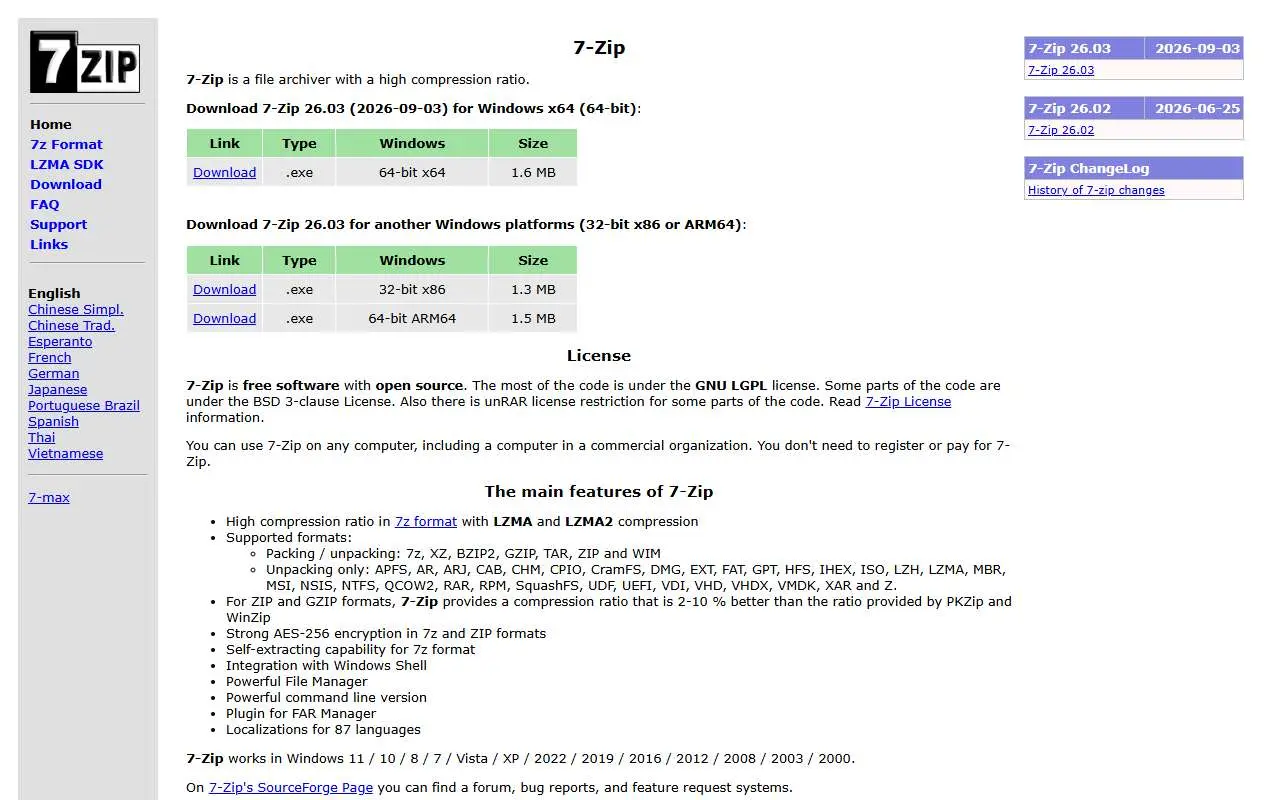 Tampilan website resmi 7-Zip (7-zip.org)