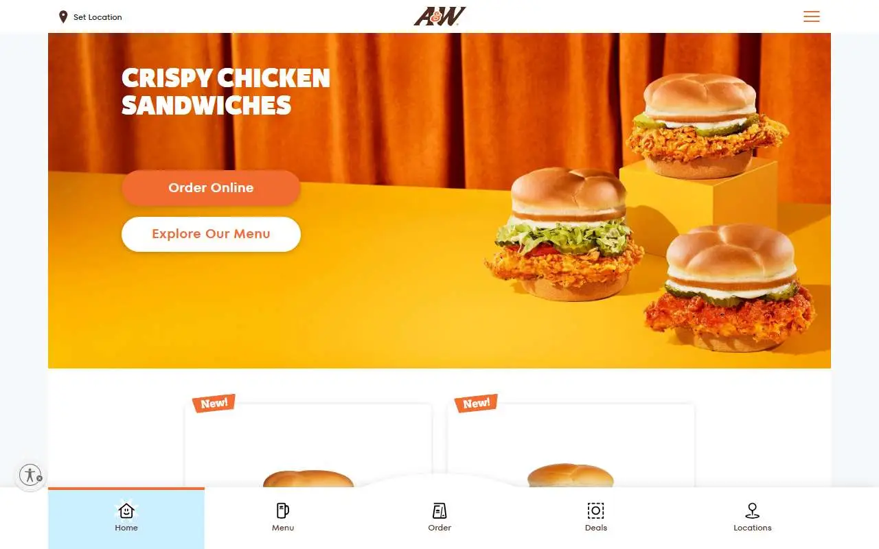 Tampilan website resmi A&W Restaurants (awrestaurants.com)