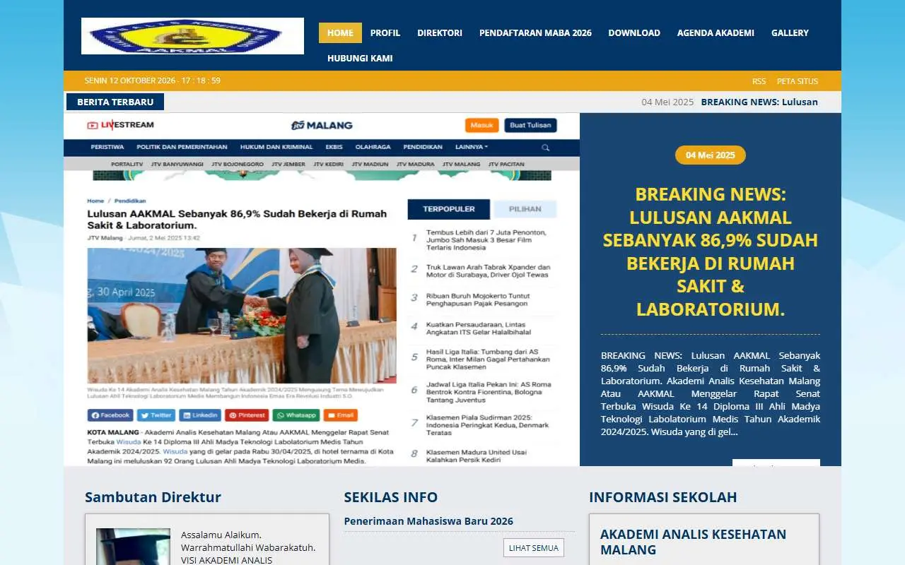 Tampilan website resmi Akademi Analis Kesehatan Malang (aak-malang.ac.id)