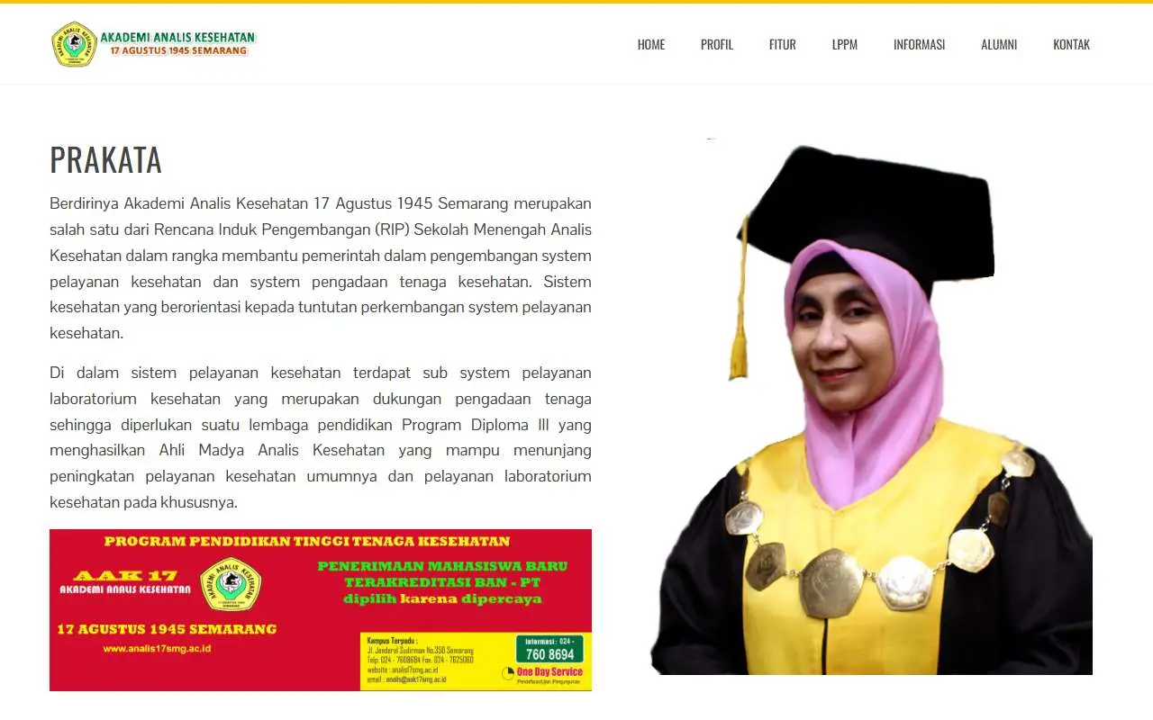 Tampilan website resmi AAK 17 Agustus 1945 Semarang (aak17smg.ac.id)