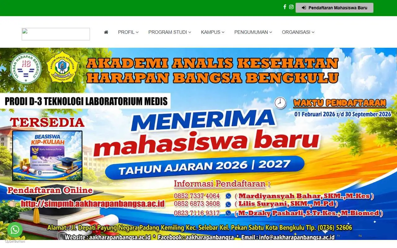 Tampilan website resmi Akademi Analis Kesehatan Harapan Bangsa (aakharapanbangsa.ac.id)