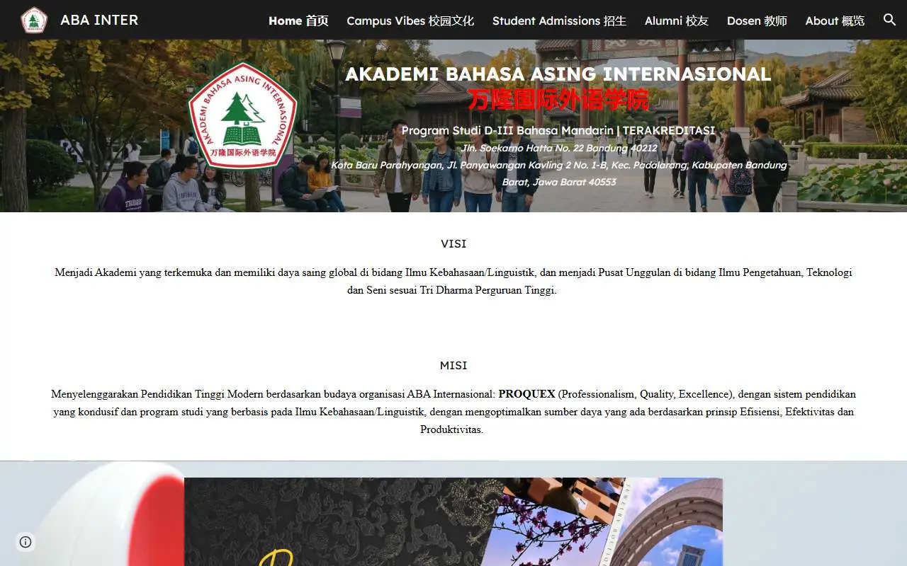 Tampilan website resmi ABA Internasional Bandung (abainter.ac.id)