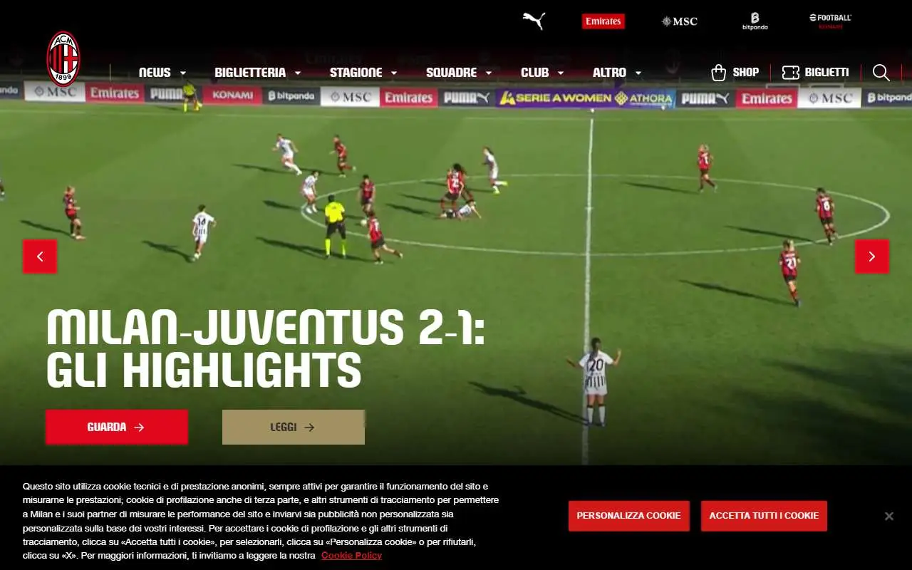 Tampilan website resmi A.C. Milan (acmilan.com)