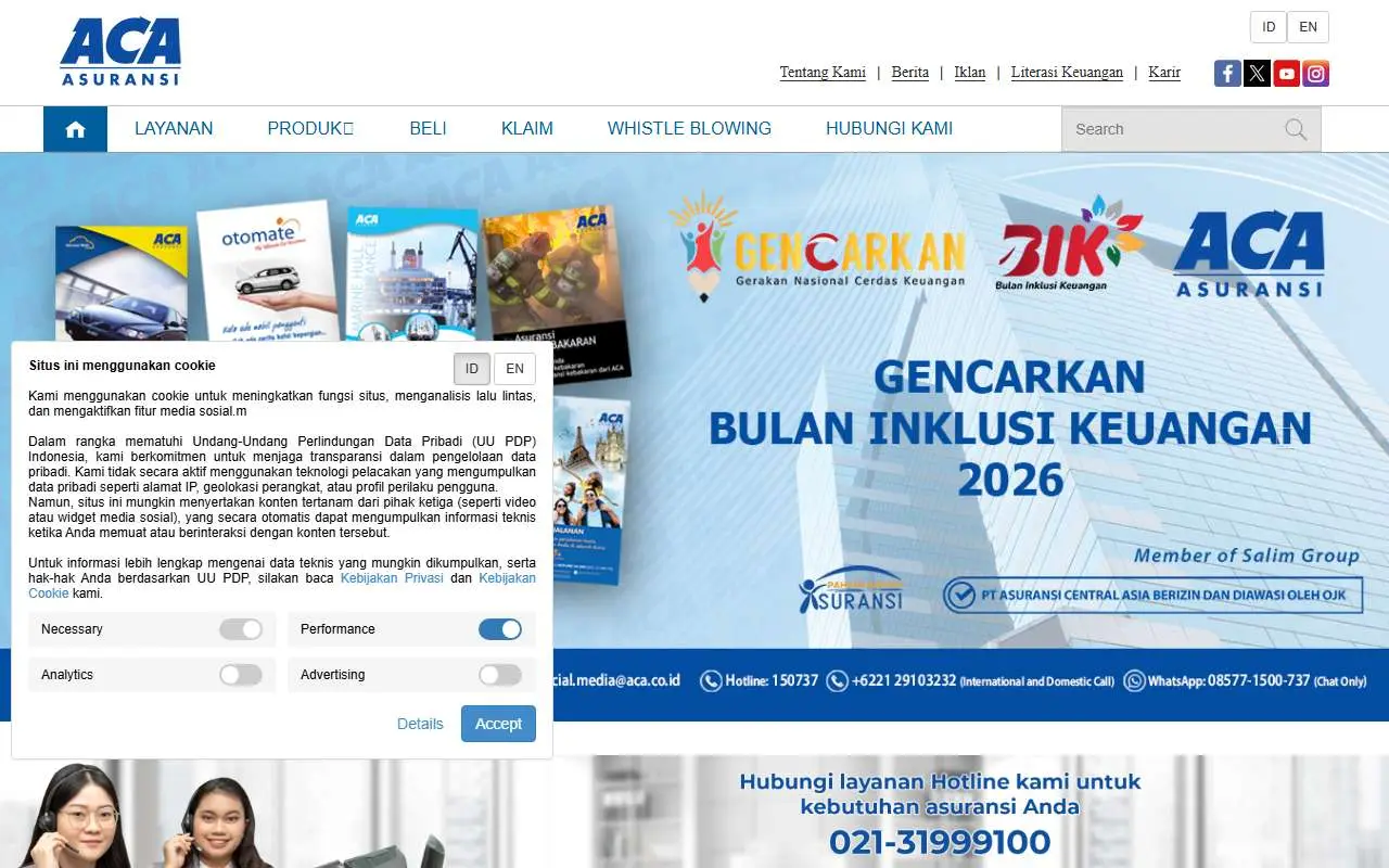 Tampilan website resmi Asuransi Central Asia (aca.co.id)
