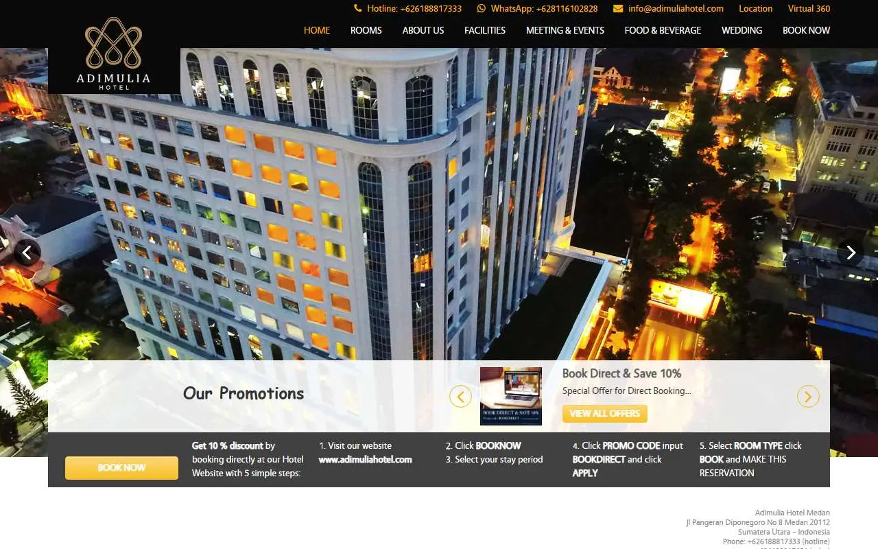 Tampilan website resmi Adimulia Hotel Medan (adimuliahotel.com)