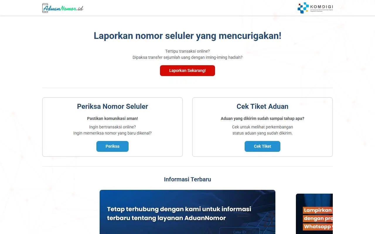 Tampilan website resmi Aduan Nomor (aduannomor.id)