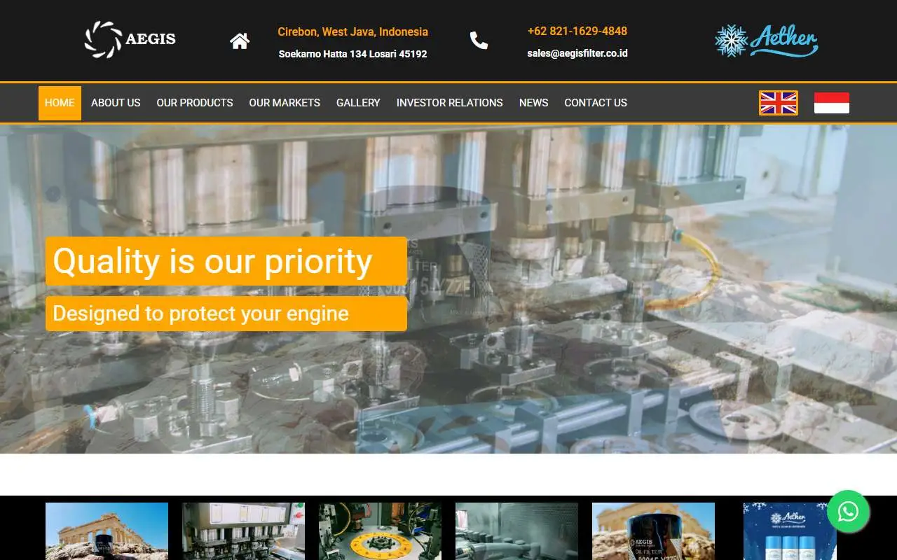Tampilan website resmi Anugerah Spareparts Sejahtera (aegisfilter.co.id)