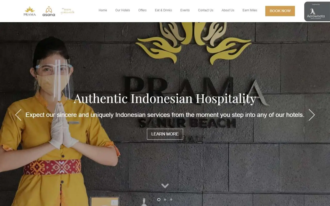 Tampilan website resmi Aerowisata Hotels and Resorts (aerowisatahotels.com)