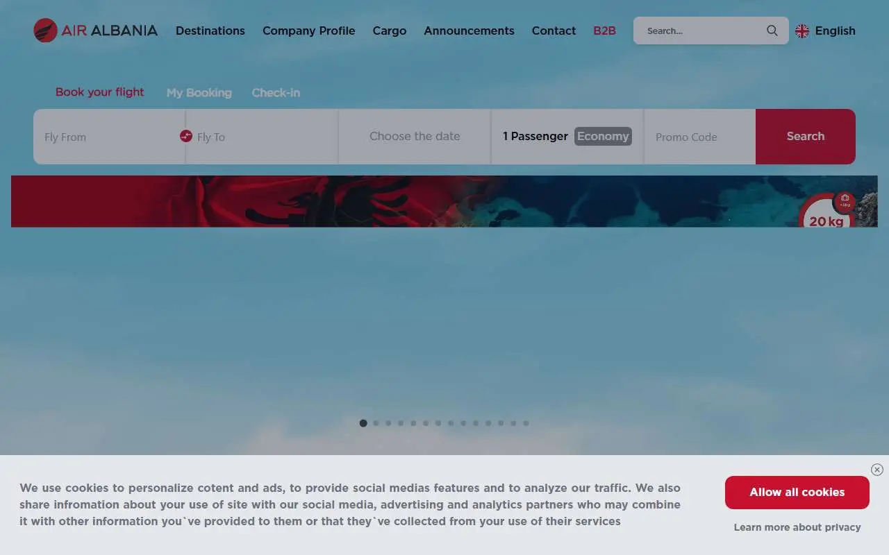 Tampilan website resmi Air Albania (airalbania.com.al)