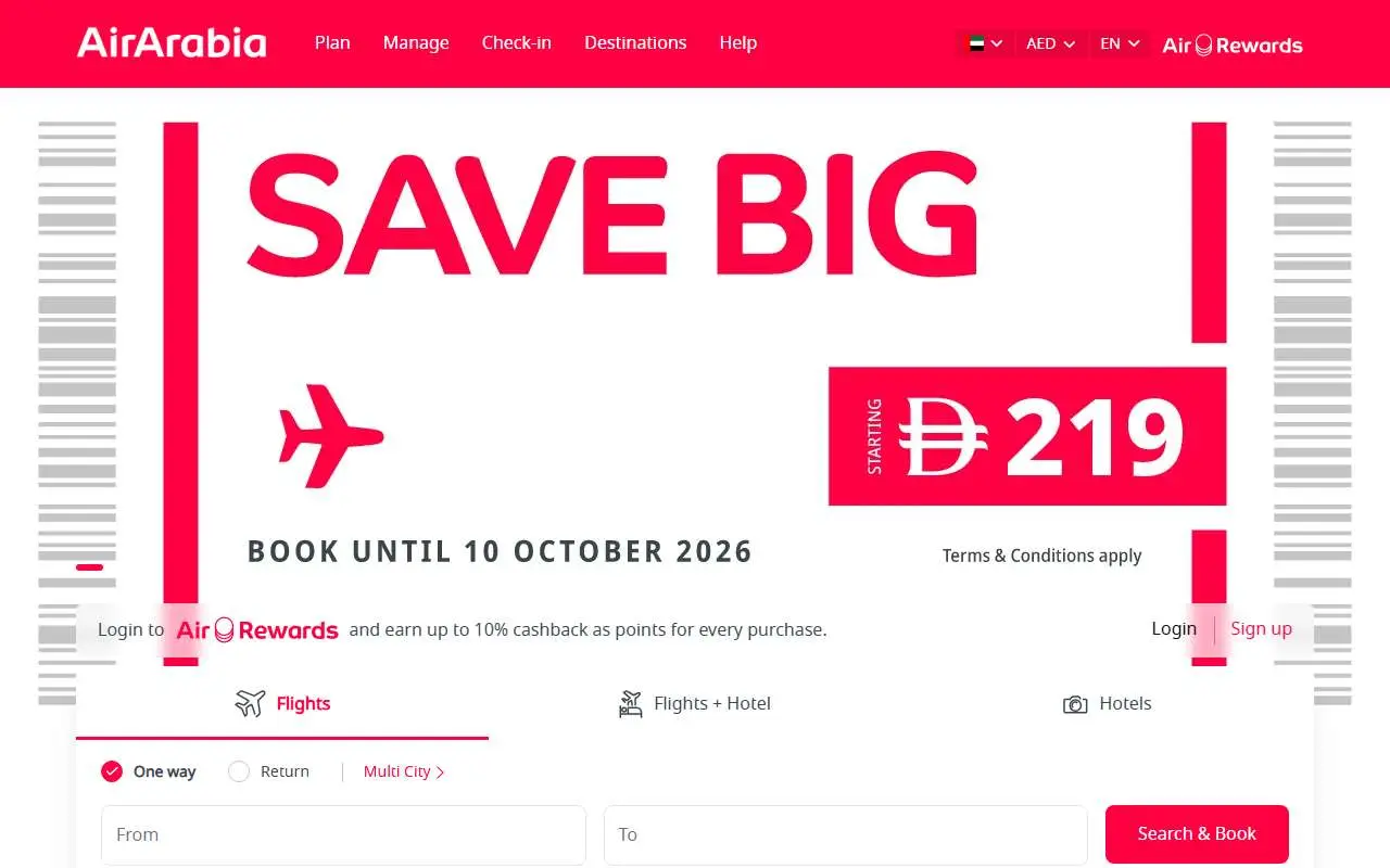 Tampilan website resmi Air Arabia (airarabia.com)