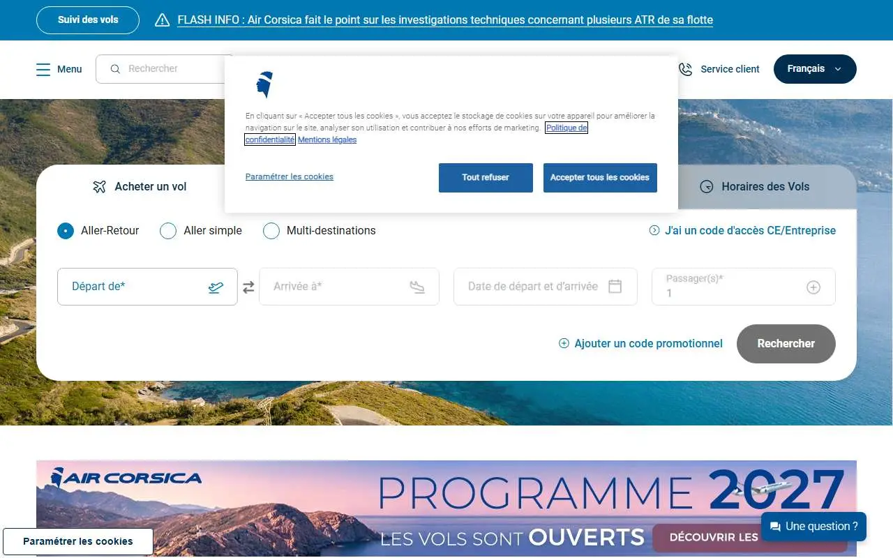 Tampilan website resmi CCM Airlines (aircorsica.com)
