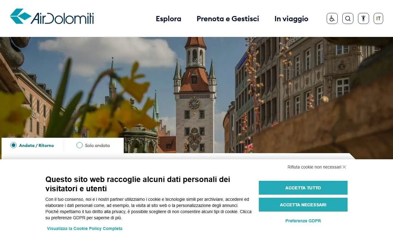 Tampilan website resmi Air Dolomiti (airdolomiti.it)