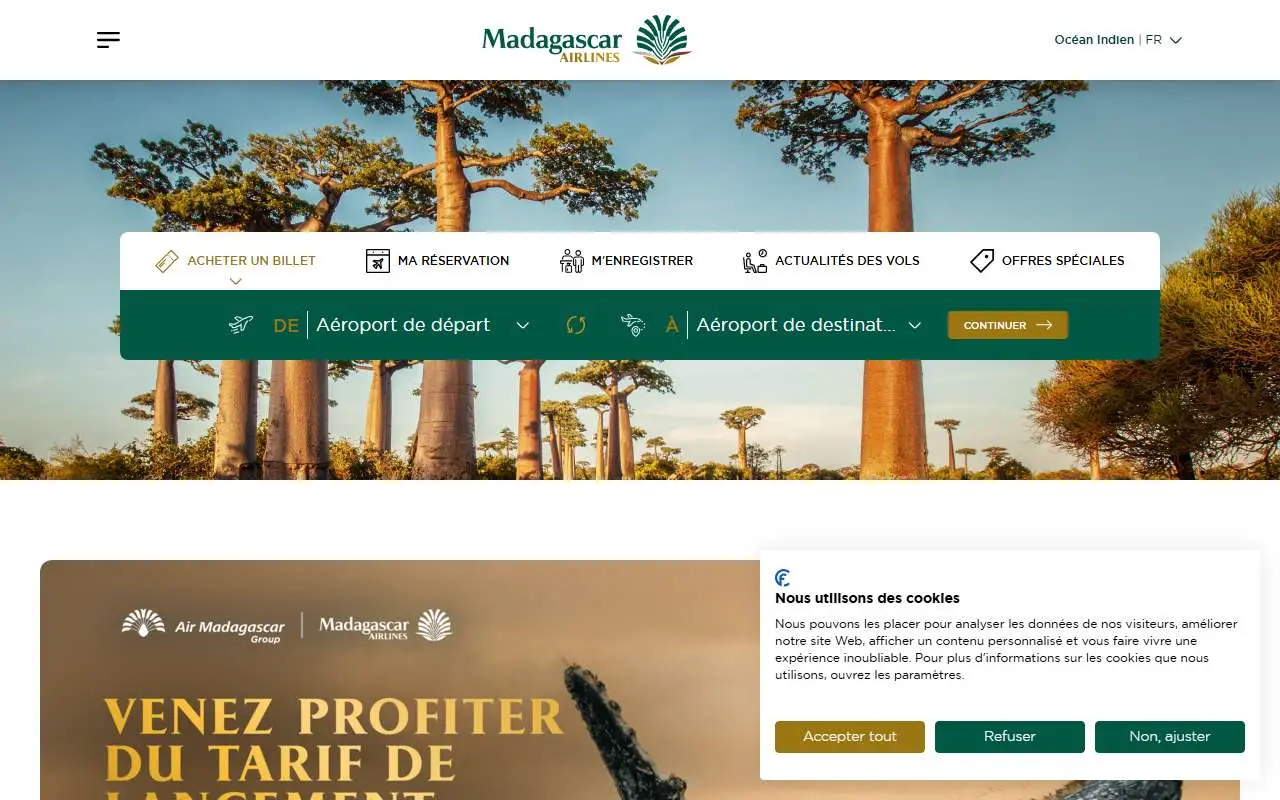 Tampilan website resmi Air Madagascar (madagascarairlines.com)