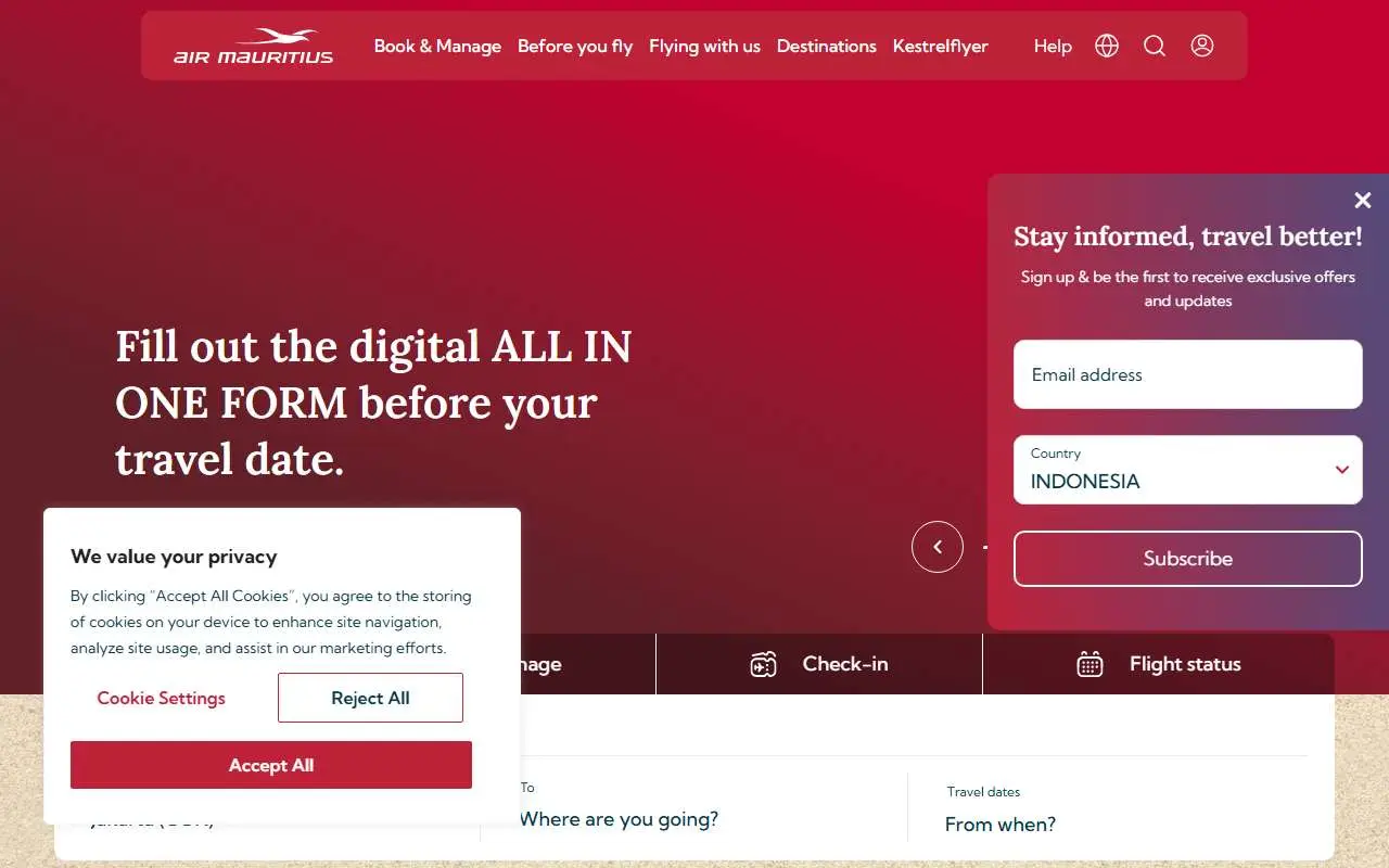 Tampilan website resmi Air Mauritius (airmauritius.com)