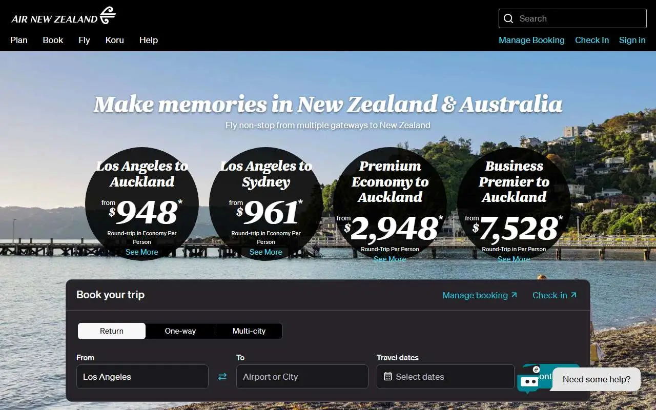 Tampilan website resmi Air New Zealand (airnewzealand.com)