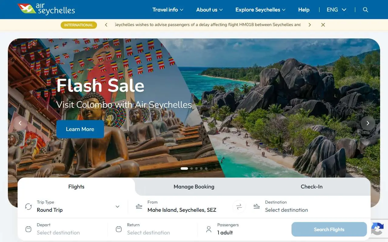 Tampilan website resmi Air Seychelles (airseychelles.com)