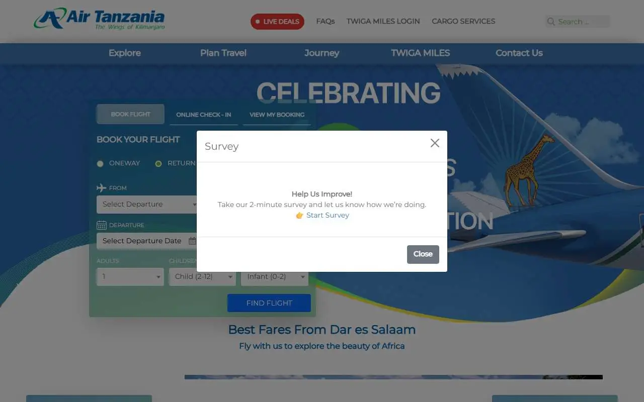 Tampilan website resmi Air Tanzania (airtanzania.co.tz)