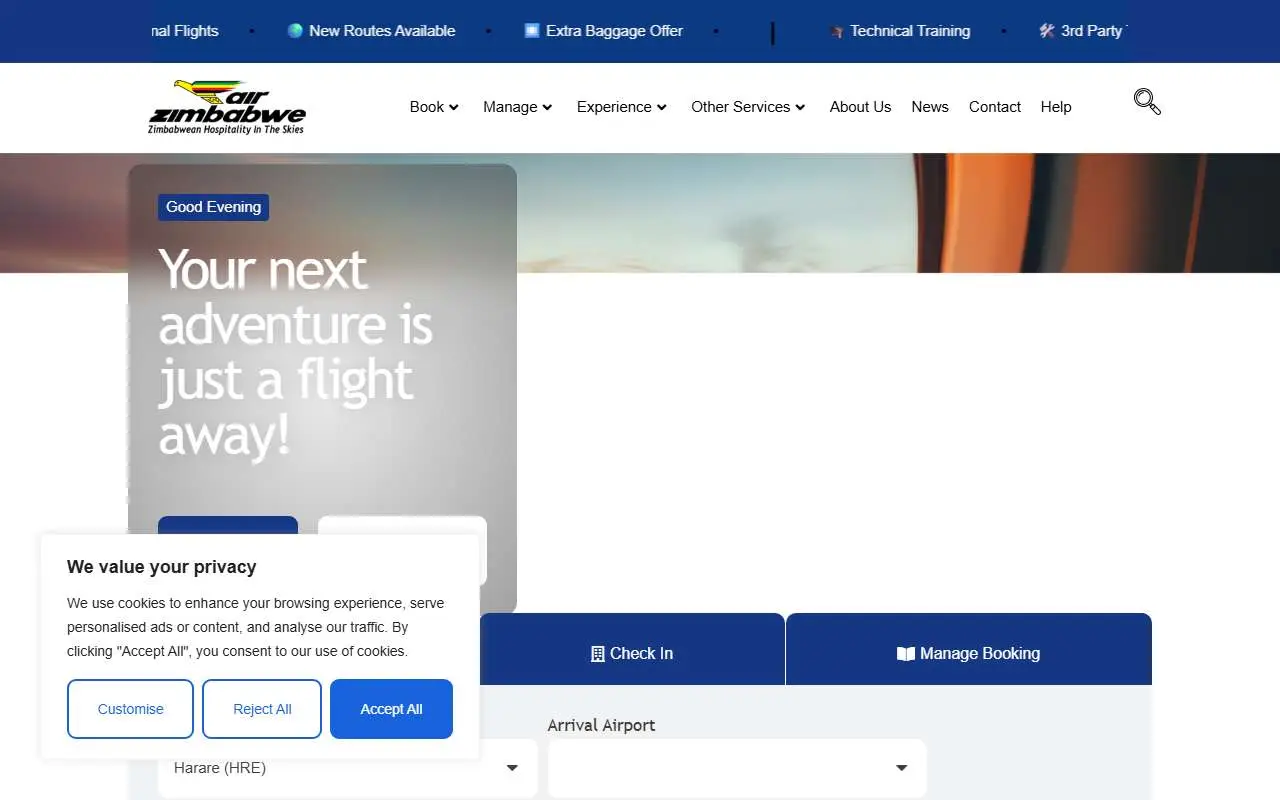 Tampilan website resmi Air Zimbabwe (airzimbabwe.aero)