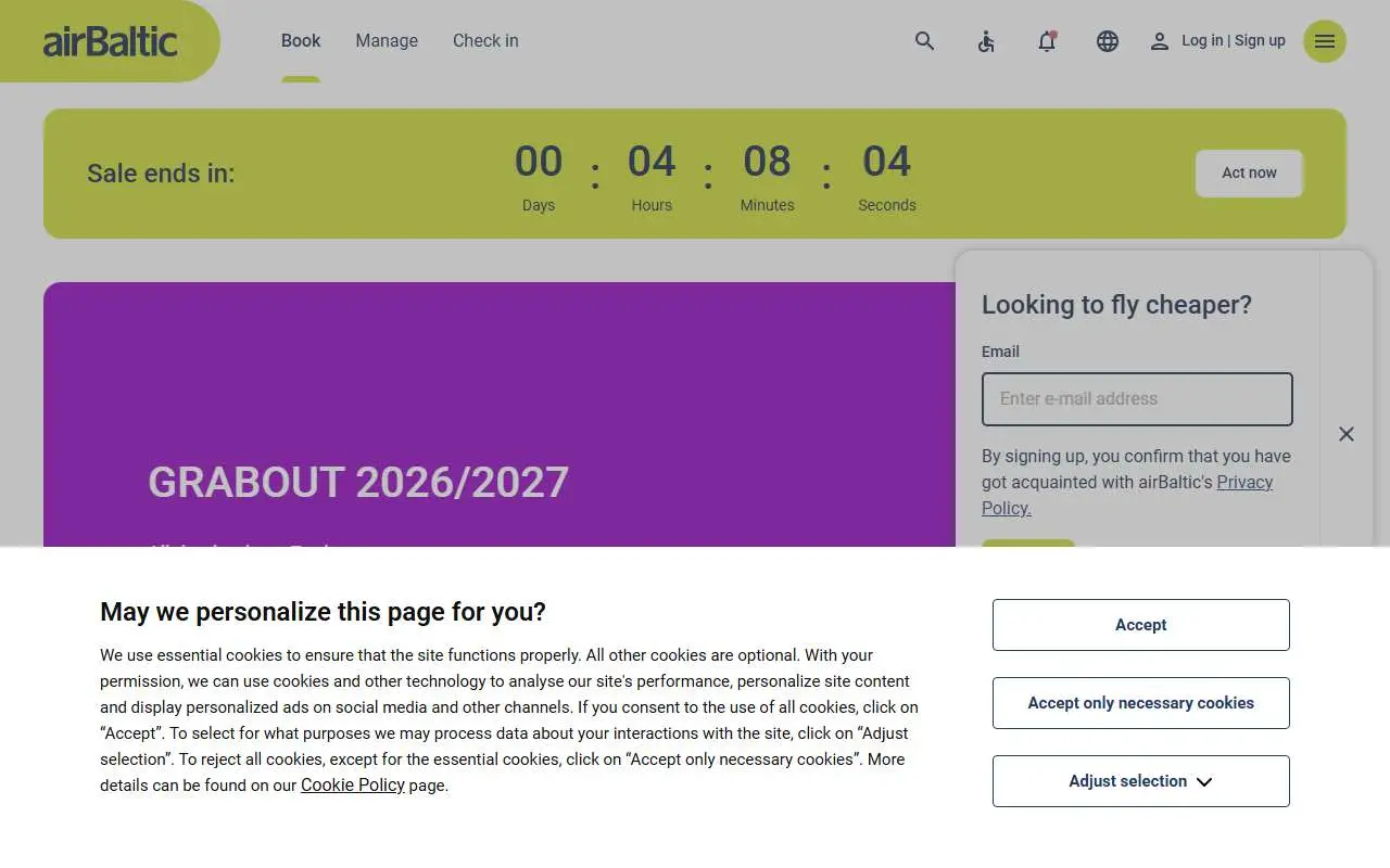 Tampilan website resmi AirBaltic (airbaltic.com)