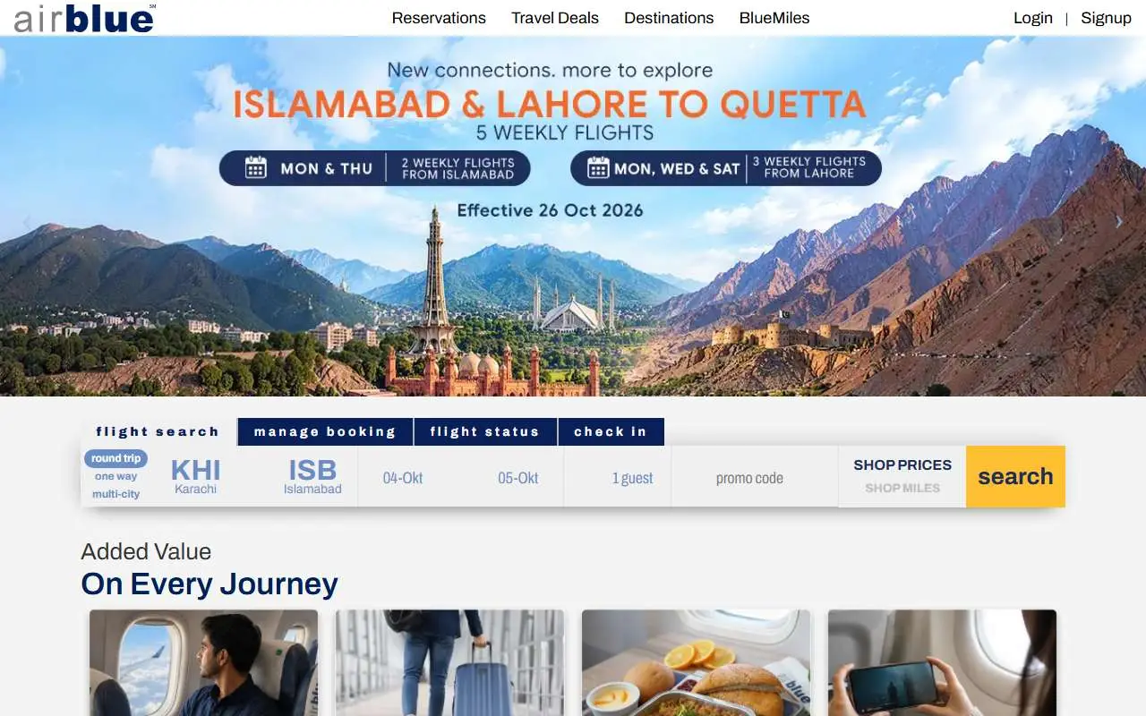 Tampilan website resmi Airblue (airblue.com)