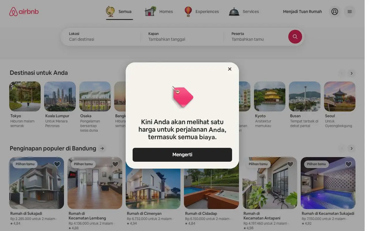 Tampilan website resmi Airbnb (airbnb.co.id)