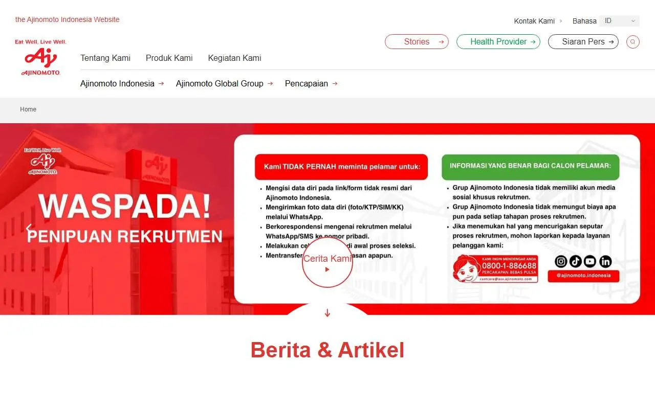 Tampilan website resmi Ajinomoto Indonesia (ajinomoto.co.id)
