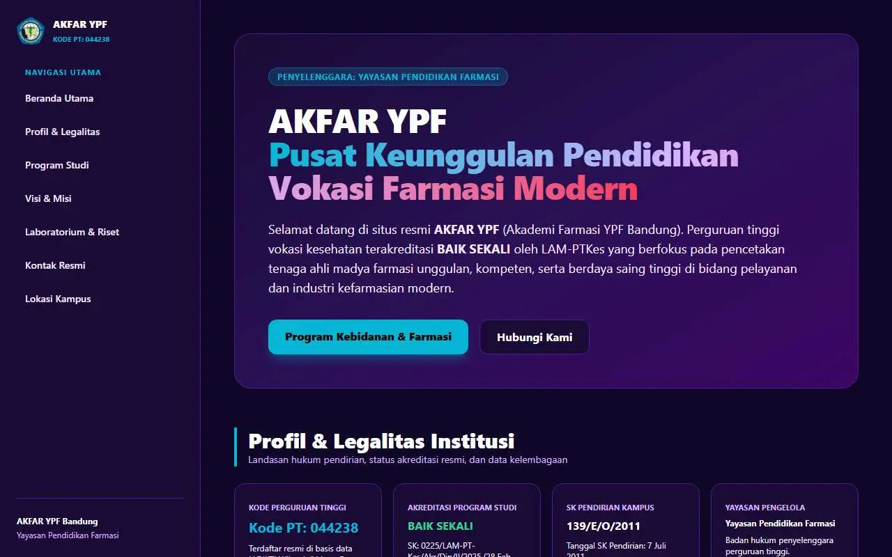 Tampilan website resmi Akademi Farmasi YPF (akademifarmasi-ypf.ac.id)