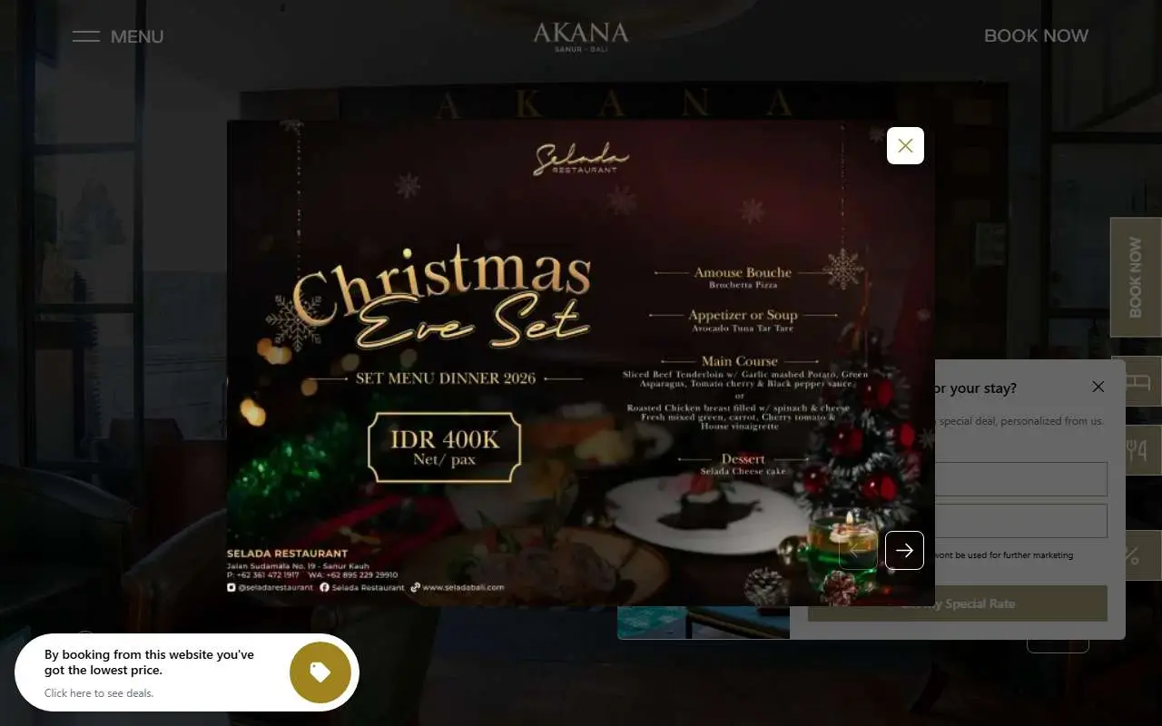Tampilan website resmi Akana Boutique Hotel (akanasanur.com)