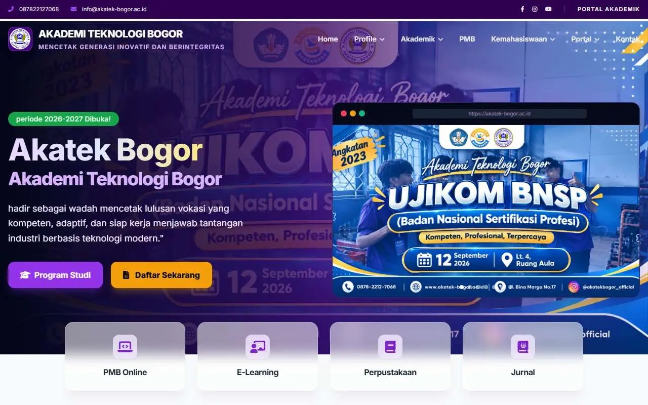 Tampilan website resmi Akademi Teknologi Bogor (akatek-bogor.ac.id)