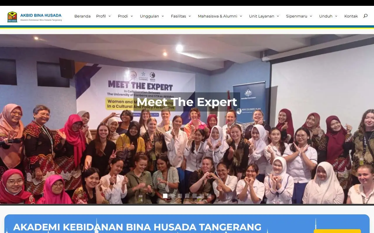 Tampilan website resmi Akademi Kebidanan Bina Husada Tangerang (akbidbinahusada.ac.id)