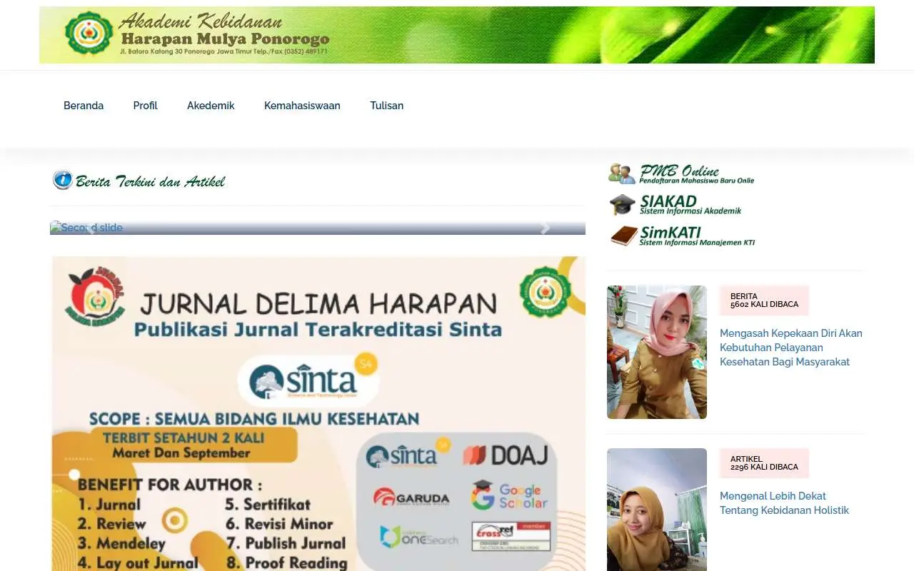 Tampilan website resmi Akbid Harapan Mulya Ponorogo (akbidharapanmulya.ac.id)