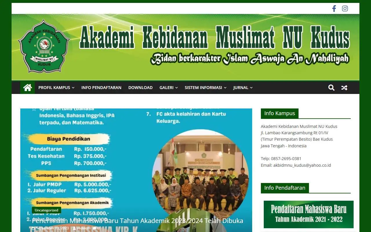 Tampilan website resmi Akademi Kebidanan Muslimat NU Kudus (akbidmuslimatnu.ac.id)