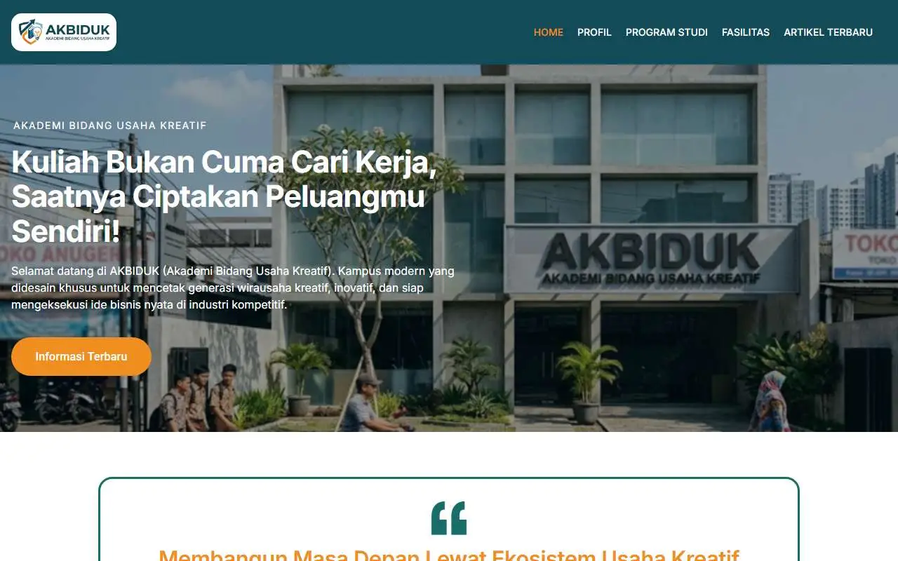 Tampilan website resmi Akademi Kebidanan Ummi Khasanah (akbiduk.ac.id)