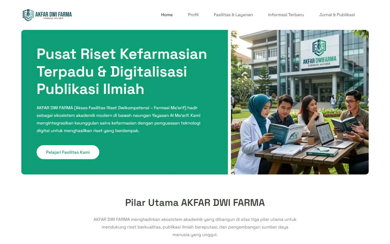 Tampilan website resmi Akademi Farmasi Dwi Frama, Bukittinggi (akfardwifarma.ac.id)