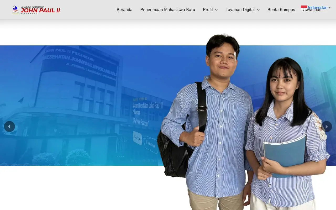 Tampilan website resmi Akademi Kesehatan John Paul II Pekanbaru (akjp2.ac.id)
