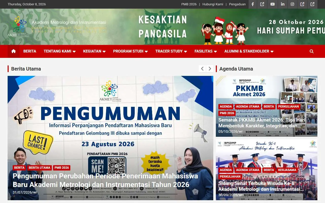 Tampilan website resmi Akademi Metrologi dan Instrumentasi (akmet.ac.id)