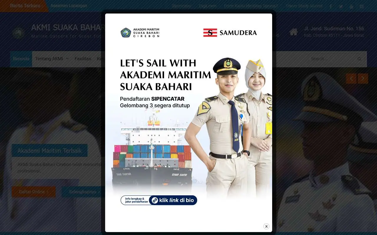 Tampilan website resmi Akademi Maritim Suaka Bahari (akmicirebon.ac.id)