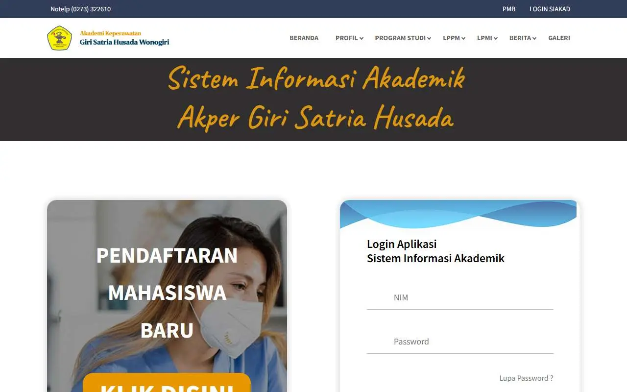 Tampilan website resmi Akademi Keperawatan Giri Satria Husada (akpergshwng.ac.id)