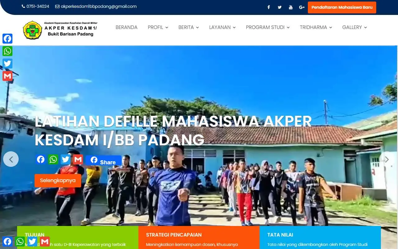 Tampilan website resmi Akper Kesdam I/BB Padang (akperkesdam-padang.ac.id)