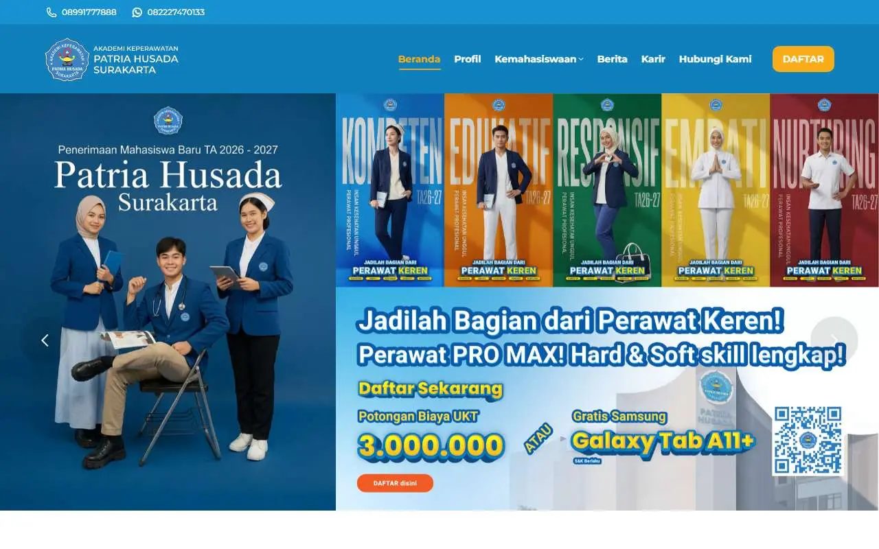 Tampilan website resmi Akper Patria Husada Surakarta (akperpatriahusada-surakarta.ac.id)