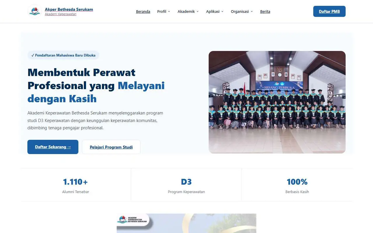 Tampilan website resmi Akademi Keperawatan Bethesda Serukam (akperserukam.ac.id)