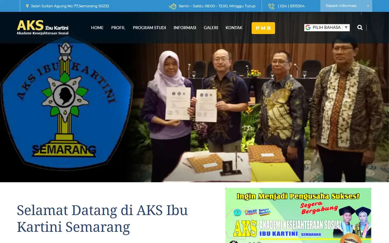 Tampilan website resmi Akademi Kesejahteraan Sosial Ibu Kartini (aksibukartini.ac.id)