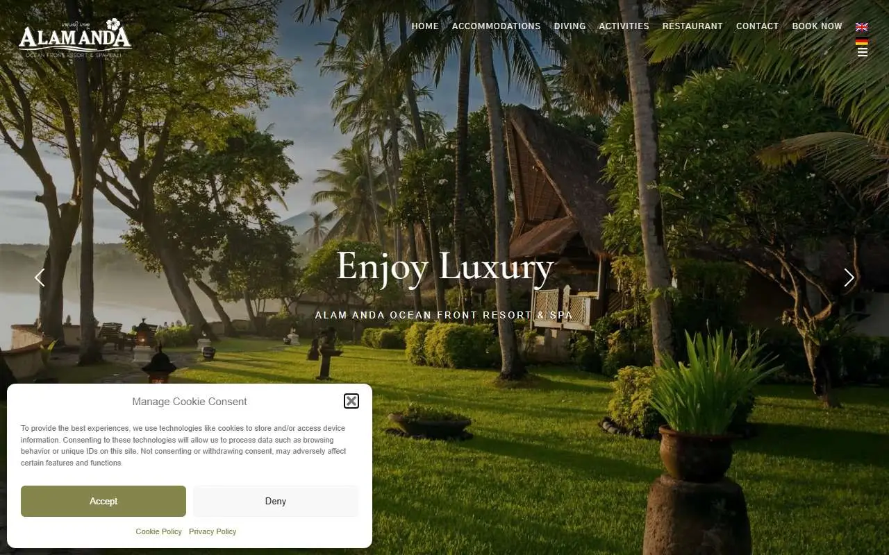 Tampilan website resmi Alam Anda Ocean Front Resort & Spa (alam-anda.com)