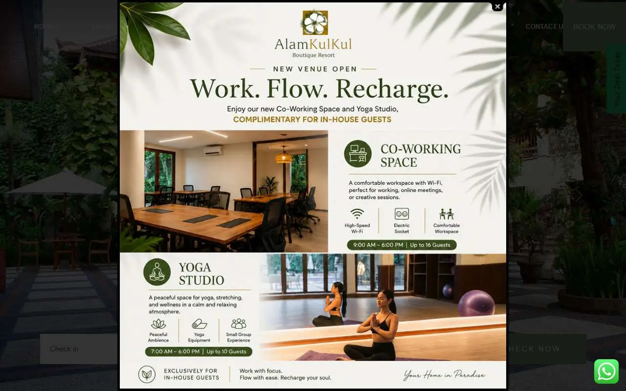 Tampilan website resmi Alam Kulkul Boutique Resort (alamkulkul.com)