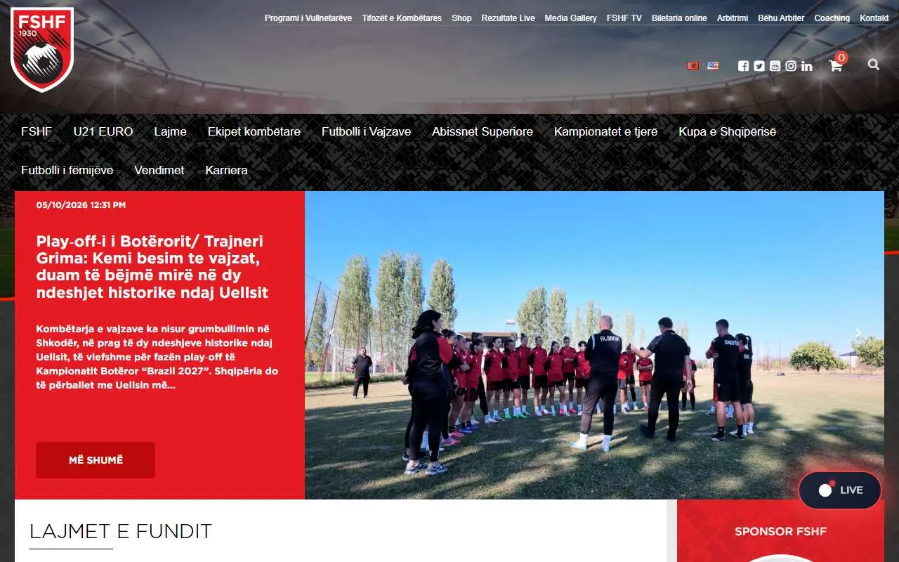 Tampilan website resmi Tim nasional sepak bola Albania (fshf.org)