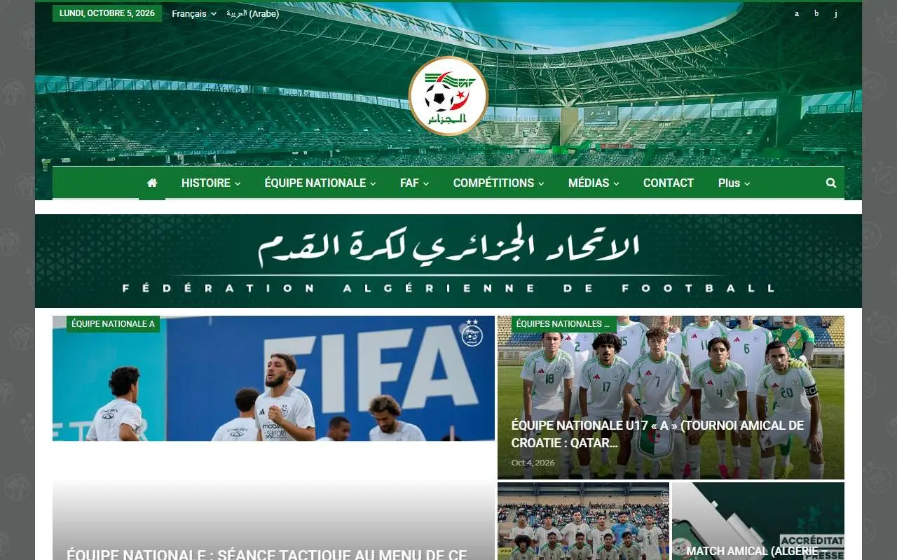 Tampilan website resmi Tim nasional sepak bola Aljazair (faf.dz)