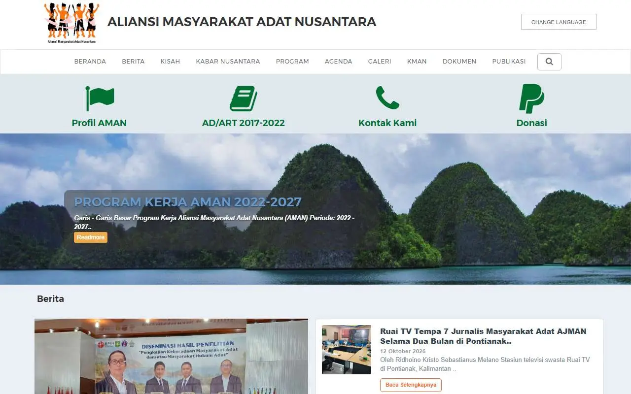 Tampilan website resmi Aliansi Masyarakat Adat Nusantara (aman.or.id)